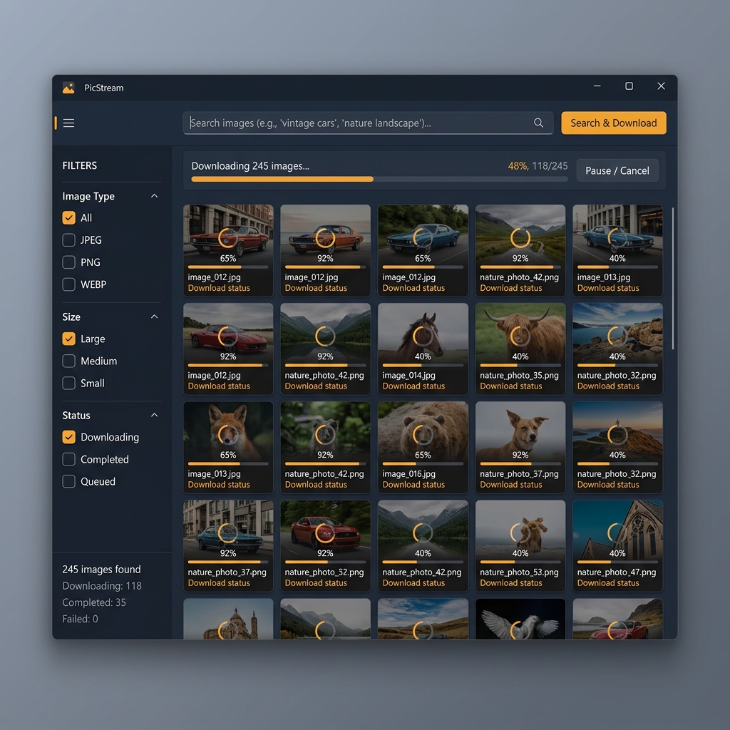 PicStream desktop application showing bulk image download interface